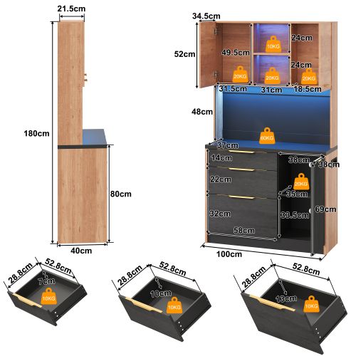 Meuble De Cuisine-armoire Haute 180 Cm-buffet De Cuisine LED-prise Standard Européenne-noir