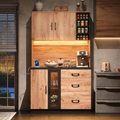 Meuble De Cuisine-armoire Haute 180 Cm-buffet De Cuisine LED-prise Standard Européenne-noir