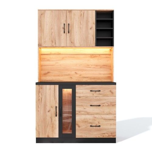 Meuble De Cuisine-armoire Haute 180 Cm-buffet De Cuisine LED-prise Standard Européenne-noir