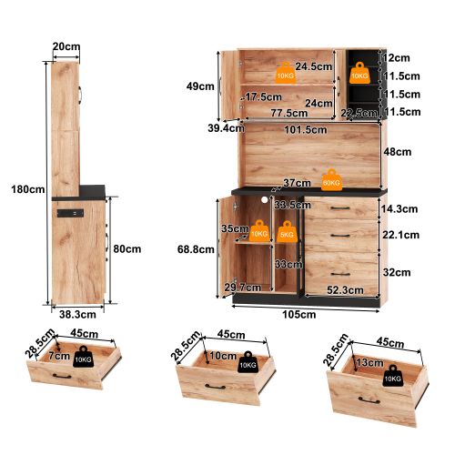 Meuble De Cuisine-armoire Haute 180 Cm-buffet De Cuisine LED-prise Standard Européenne-noir