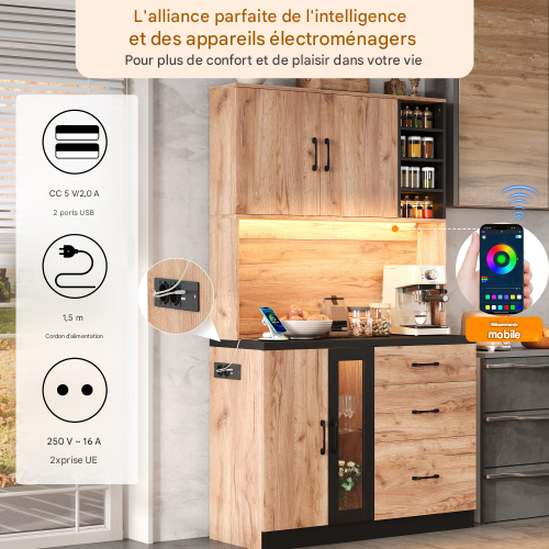 Meuble De Cuisine-armoire Haute 180 Cm-buffet De Cuisine LED-prise Standard Européenne-noir
