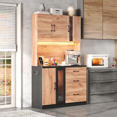 Meuble De Cuisine-armoire Haute 180 Cm-buffet De Cuisine LED-prise Standard Européenne-noir
