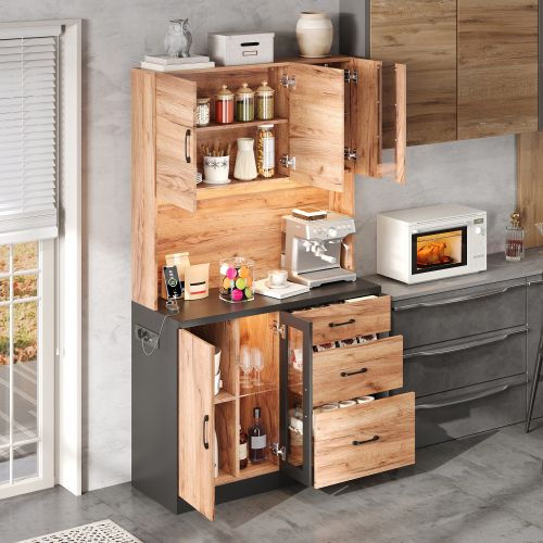 Meuble De Cuisine-armoire Haute 180 Cm-buffet De Cuisine LED-prise Standard Européenne-noir