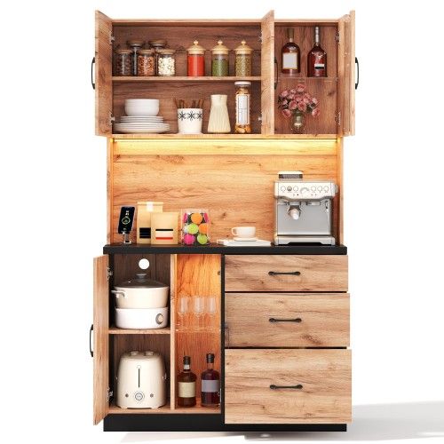 Meuble De Cuisine-armoire Haute 180 Cm-buffet De Cuisine LED-prise Standard Européenne-noir