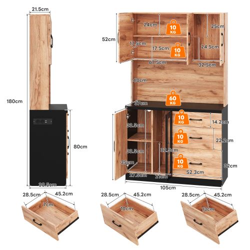 Meuble De Cuisine-armoire Haute 180 Cm-buffet De Cuisine LED-prise Standard Européenne-noir