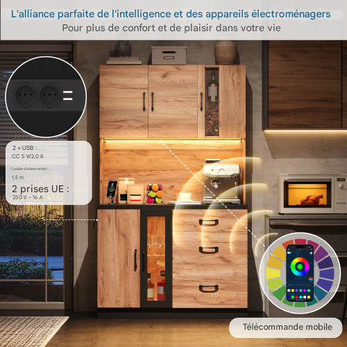 Meuble De Cuisine-armoire Haute 180 Cm-buffet De Cuisine LED-prise Standard Européenne-noir