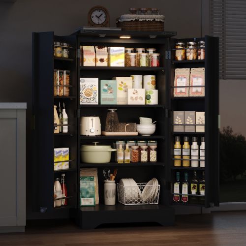 Meuble De Cuisine 120x60.5x40cm-led-buffet De Cuisine Avec Étagères Réglables-en Bois-noir