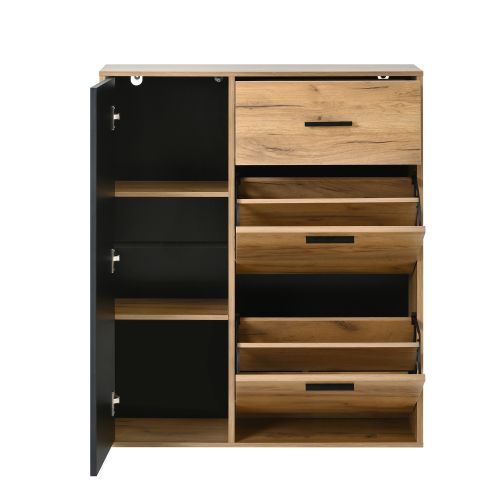 Meuble à Chaussures-avec Étagères Réglables-1 Tiroir-2 Compartiments-noirs Et Naturels