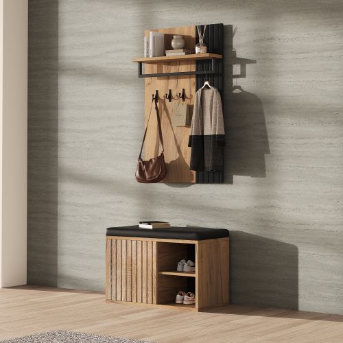 Banc à Chaussures-meuble D'entrée-meuble à Chaussures-assise Confortable-noir Et Naturel