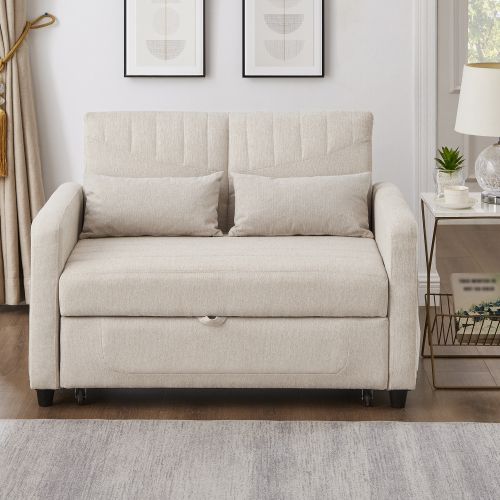 Canapé Pliant Deux Places-dossier Réglable En Trois Positions-tissu Respirant En Coton Et Lin-beige