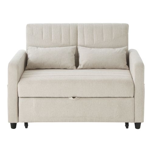 Canapé Pliant Deux Places-dossier Réglable En Trois Positions-tissu Respirant En Coton Et Lin-beige