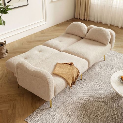 Canapé Deux Places-canapé-lit-avec Dossier Réglable-pieds En Métal Doré-beige