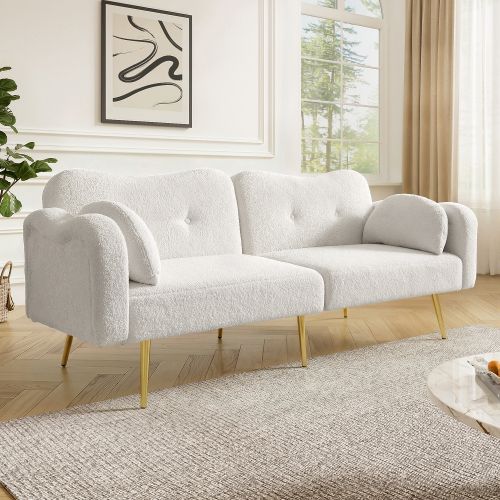 Canapé Deux Places-canapé-lit-avec Dossier Réglable-pieds En Métal Doré-blanc