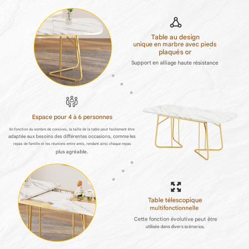 Table à Manger Extensible-table 140/180 X 80 Cm-idéale Pour 4 à 6 Personnes-en Marbre-blanc