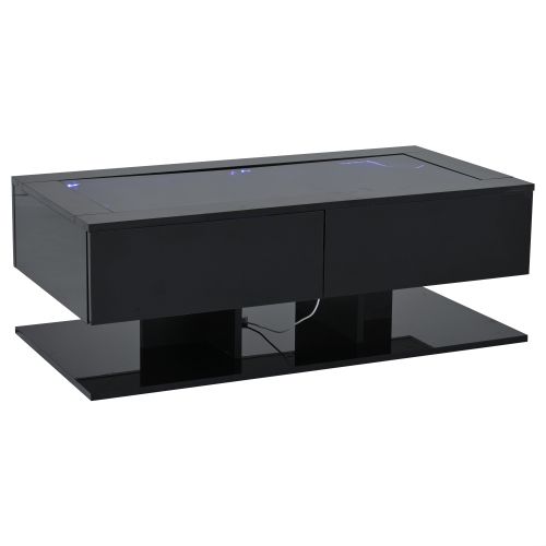 Table Basse LED-table D'appoint Laquée Brillante-table De Salon Avec Tiroirs-plateau En Verre-noir