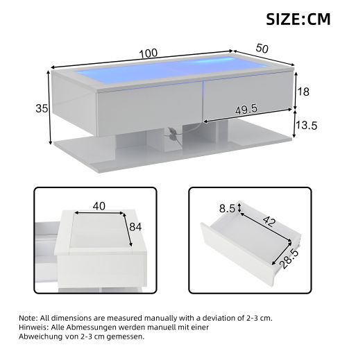 Table Basse LED-table D'appoint Laquée Brillante-table De Salon Avec Tiroirs-plateau En Verre-blanc