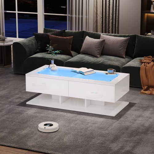 Table Basse LED-table D'appoint Laquée Brillante-table De Salon Avec Tiroirs-plateau En Verre-blanc