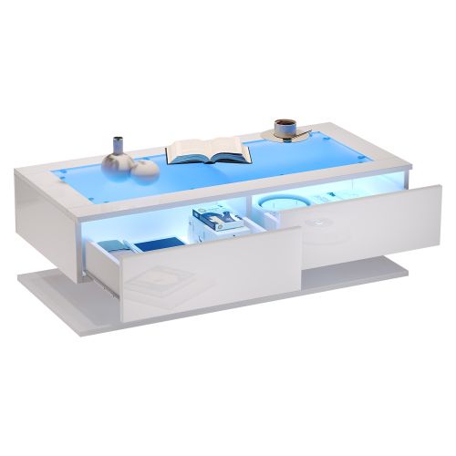 Table Basse LED-table D'appoint Laquée Brillante-table De Salon Avec Tiroirs-plateau En Verre-blanc