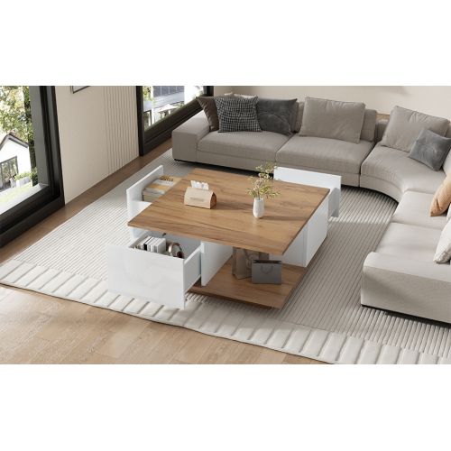 Table Basse Carrée 70cm-3 Tiroirs à Fermeture Douce-30kg-gain De Place Salon-blanc
