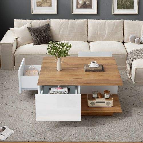 Table Basse Carrée 70cm-3 Tiroirs à Fermeture Douce-30kg-gain De Place Salon-blanc