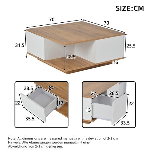 Table Basse Carrée 70cm-3 Tiroirs à Fermeture Douce-30kg-gain De Place Salon-blanc
