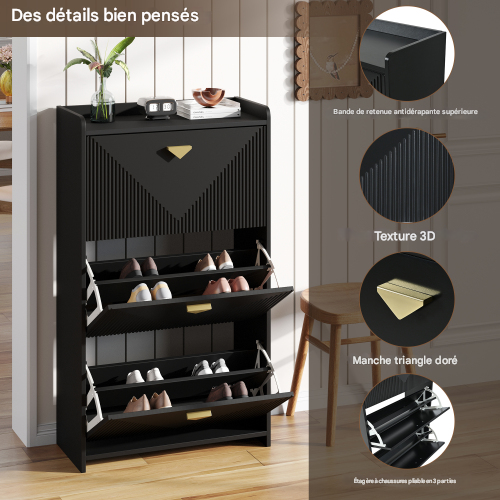 Meuble à Chaussures-ultra-fin (30 Cm)-avec 3 Portes-meuble D'entrée-meuble De Salon-mdf-noir