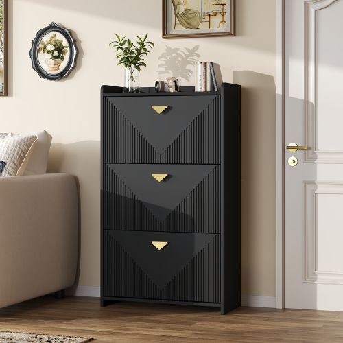 Meuble à Chaussures-ultra-fin (30 Cm)-avec 3 Portes-meuble D'entrée-meuble De Salon-mdf-noir
