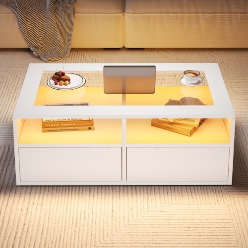 Table Basse LED-table D'appoint Avec 2 Tiroirs-en Verre, Table Basse Double Plateau-blanc