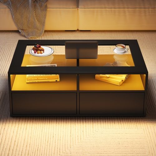 Table Basse LED-table D'appoint Avec 2 Tiroirs-en Verre, Table Basse Double Plateau-noir