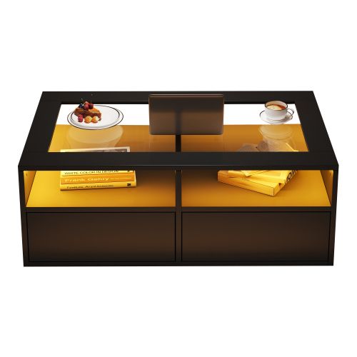 Table Basse LED-table D'appoint Avec 2 Tiroirs-en Verre, Table Basse Double Plateau-noir