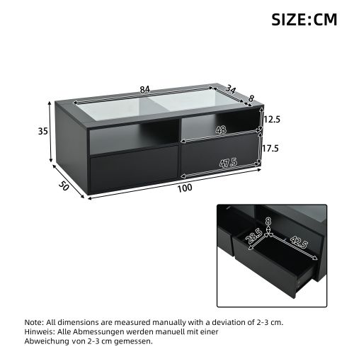 Table Basse LED-table D'appoint Avec 2 Tiroirs-en Verre, Table Basse Double Plateau-noir