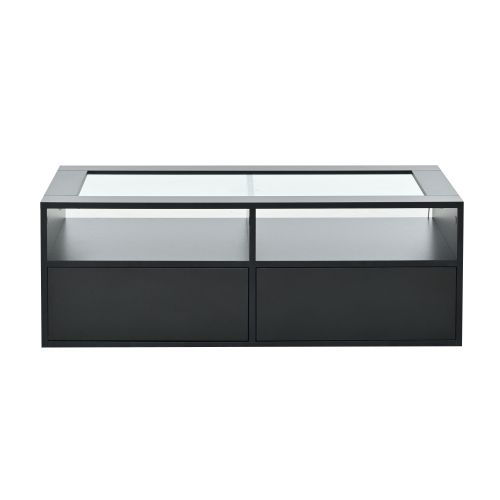 Table Basse LED-table D'appoint Avec 2 Tiroirs-en Verre, Table Basse Double Plateau-noir