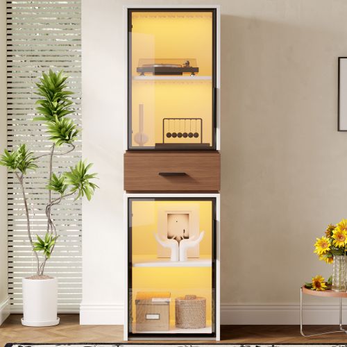 Vitrine 200 Cm-avec Éclairage LED- Meuble à Deux Portes Vitrées Et Un Tiroir-blanc