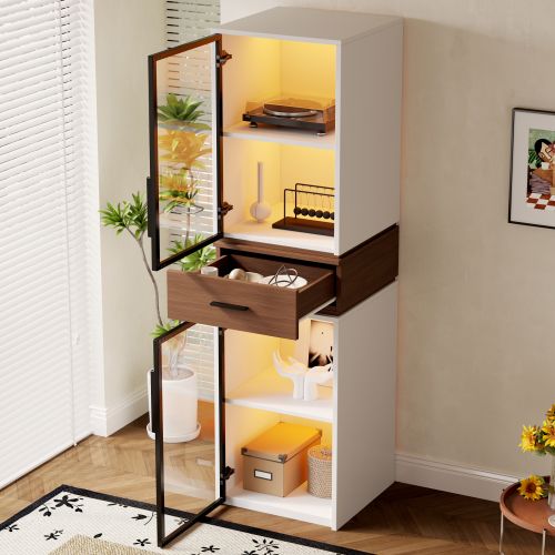 Vitrine 200 Cm-avec Éclairage LED- Meuble à Deux Portes Vitrées Et Un Tiroir-blanc