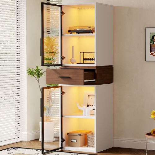Vitrine 200 Cm-avec Éclairage LED- Meuble à Deux Portes Vitrées Et Un Tiroir-blanc