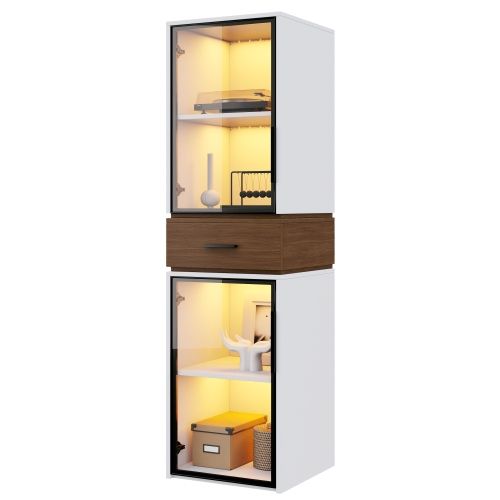 Vitrine 200 Cm-avec Éclairage LED- Meuble à Deux Portes Vitrées Et Un Tiroir-blanc