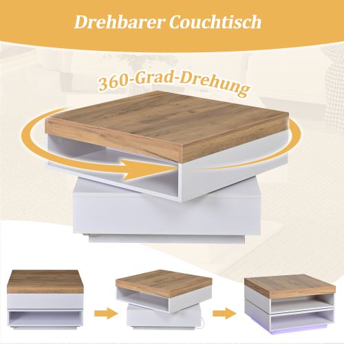 Table Basse Carrée-pivotante à 360°-table De Salon LED-table D'appoint Ou De Console-blanc Et Bois