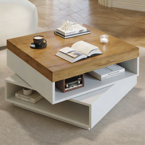 Table Basse Carrée-pivotante à 360°-table De Salon LED-table D'appoint Ou De Console-blanc Et Bois