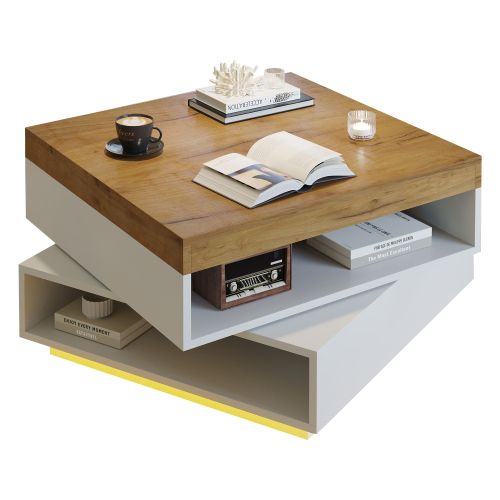 Table Basse Carrée-pivotante à 360°-table De Salon LED-table D'appoint Ou De Console-blanc Et Bois