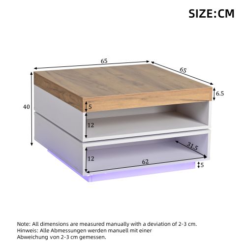 Table Basse Carrée-pivotante à 360°-table De Salon LED-table D'appoint Ou De Console-blanc Et Bois