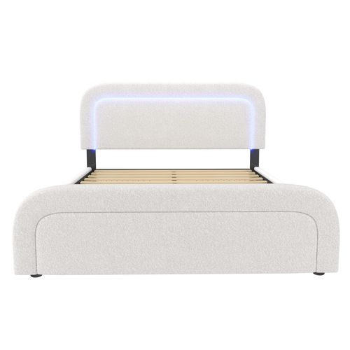 Lit 160 X 200cm Avec USB, LED Et 4 Tiroirs Polaire Sherpa Blanc