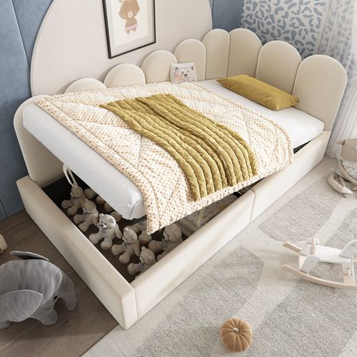Lit Enfant Coffre 90 X 190 Cm Velours Beige