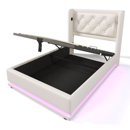 Lit Enfant Coffre 90 X 200 Cm Avec USB Et LED Pu Blanc