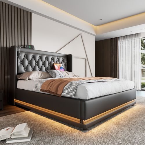 Lit Coffre 180 X 200 Cm Avec USB Et LED Pu Noir