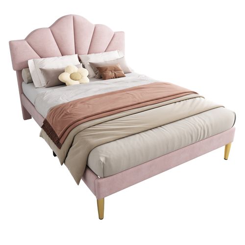 Lit 140 X 190 Cm Avec Tête De Lit Réglable En Hauteur Velours Rose