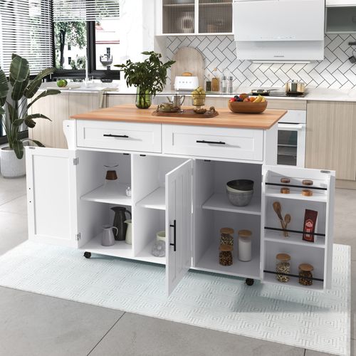 Ilot Central Cuisine Comptoir Avec 3 Portes, 2 Tiroirs Et Bureau Pliable Blanc