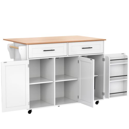 Ilot Central Cuisine Comptoir Avec 3 Portes, 2 Tiroirs Et Bureau Pliable Blanc