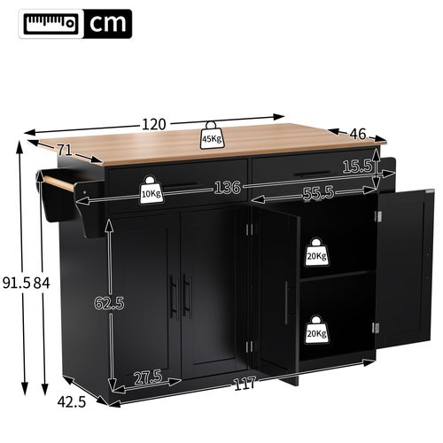 Ilot Central Cuisine Comptoir Avec 4 Portes, 2 Tiroirs Et Bureau Pliable Noir