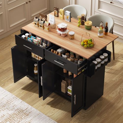 Ilot Central Cuisine Comptoir Avec 4 Portes, 2 Tiroirs Et Bureau Pliable Noir
