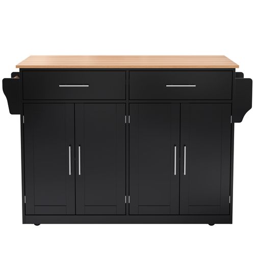 Ilot Central Cuisine Comptoir Avec 4 Portes, 2 Tiroirs Et Bureau Pliable Noir
